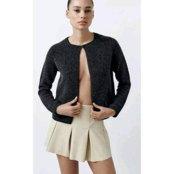 Zara Camel Pleated Mini Faux Leather Skirt Beigel Womens Xl 18.5" Ptp 2249 872 - Picture 1 of 7